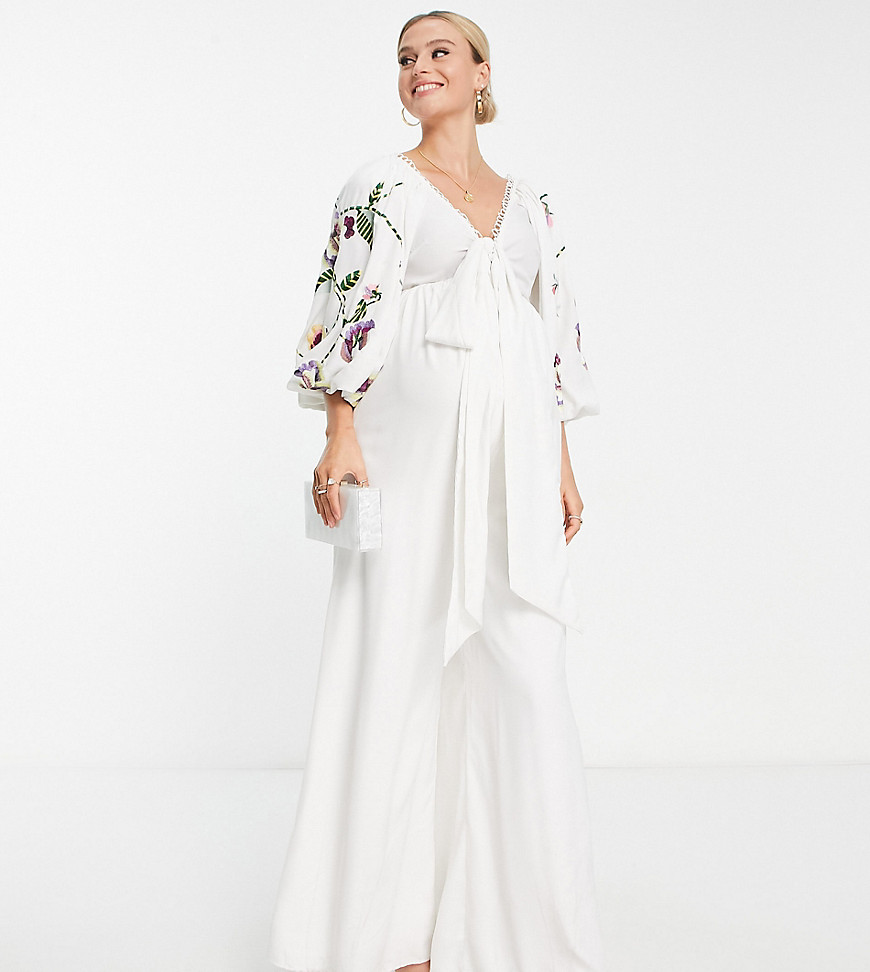 ASOS DESIGN Maternity occasion big sleeve tie front wide leg jumpsuit with embroidery-White