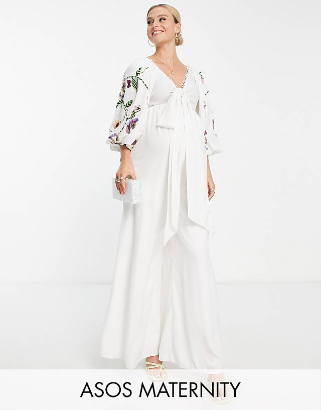 ASOS DESIGN - maternity occasion big sleeve tie front wide leg jumpsuit with embroidery
