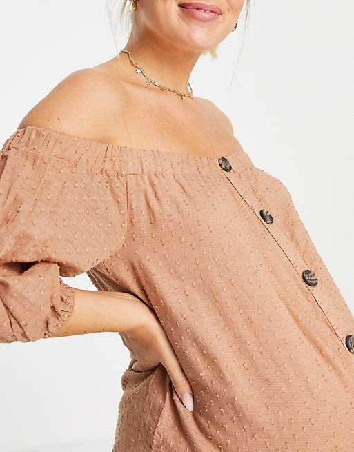  maternity off shoulder button front dobby jumpsuit in sand 