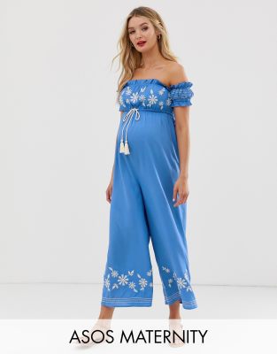 ASOS DESIGN Maternity off shoulder embroidery jumpsuit-Orange