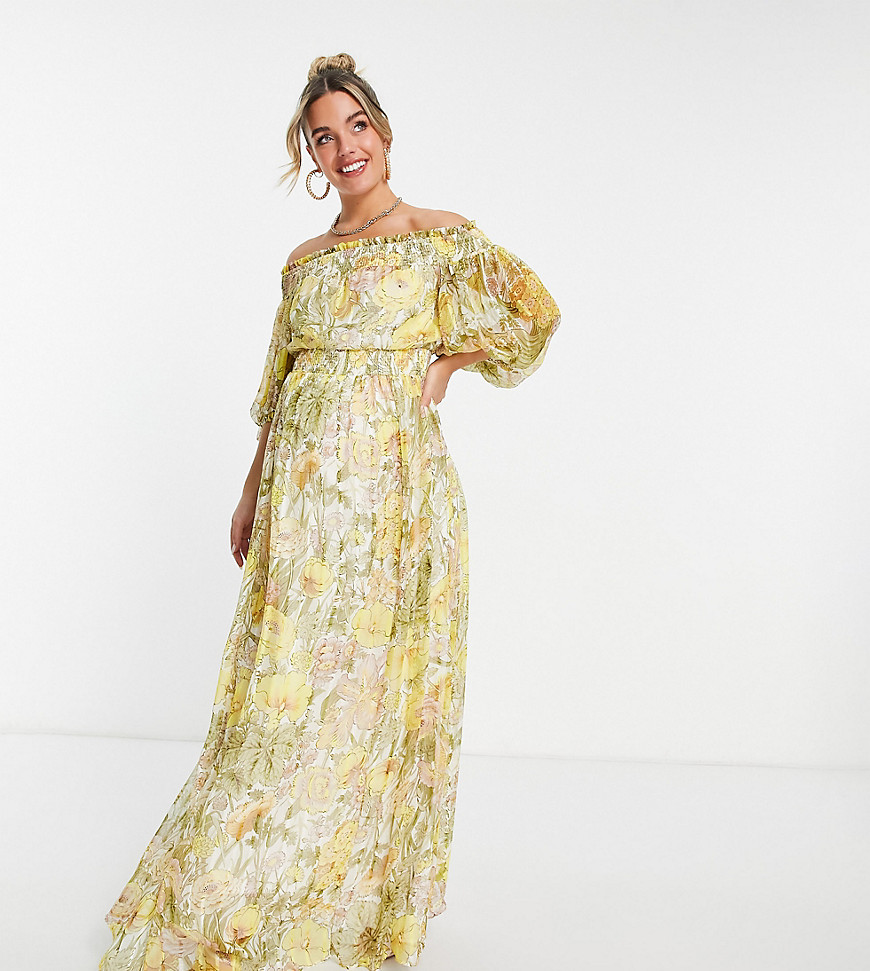 ASOS DESIGN Maternity Off shoulder maxi dress with blouson sleeve in self stripe in meadow floral-Ye