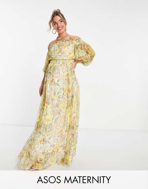 ASOS DESIGN Maternity off shoulder maxi dress with blouson sleeve in self  stripe in meadow floral