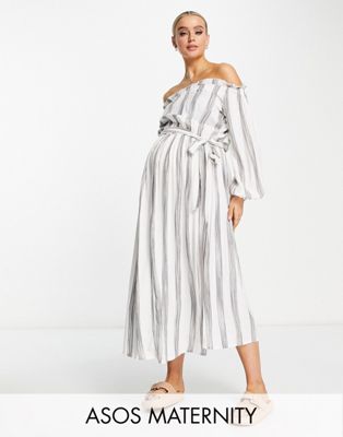ASOS DESIGN Maternity off shoulder midi beach dress in stripe