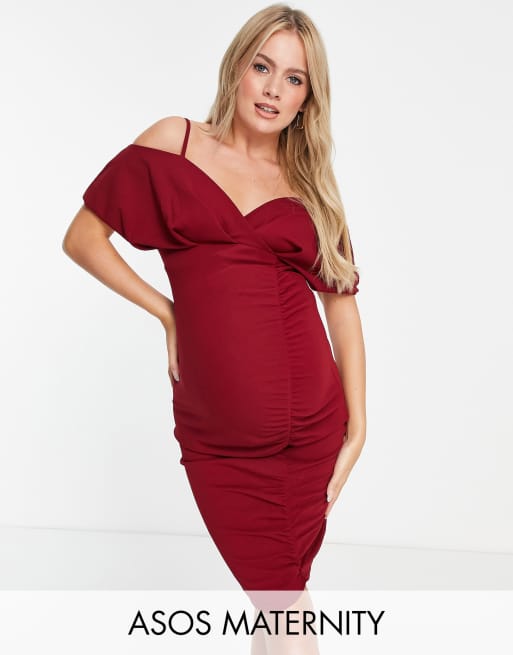 Maternity Off Shoulder Ruched Mesh Midi Dress