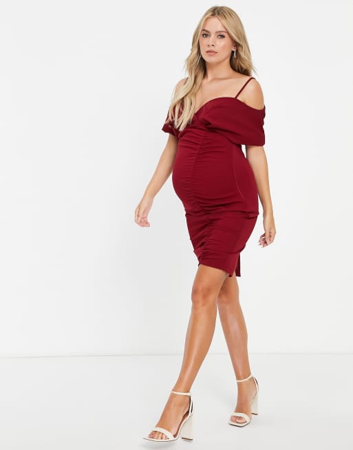 ASOS DESIGN Maternity ruched off shoulder body-conscious midi dress