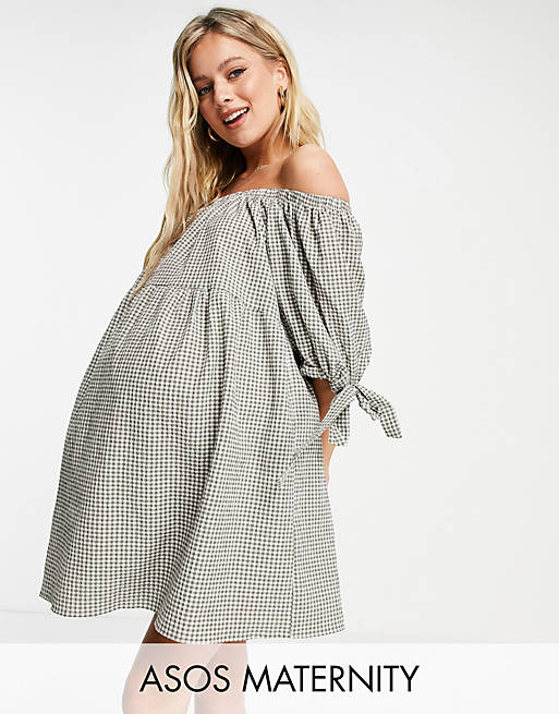 ASOS DESIGN Maternity off shoulder tiered mini dress with tie sleeves in khaki gingham