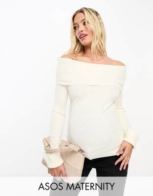 ASOS DESIGN Maternity off shoulder top in rib in cream