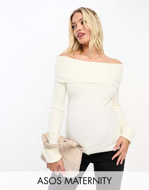 ASOS DESIGN off shoulder sweater in rib in cream