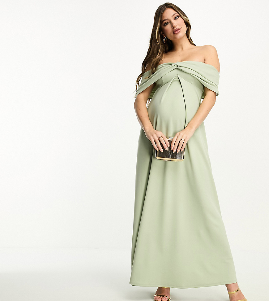 ASOS DESIGN Maternity off shoulder twist bardot maxi dress in sage-Green
