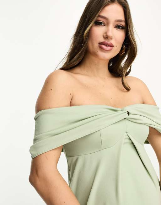 ASOS DESIGN Maternity off-shoulder twist bardot maxi dress in sage