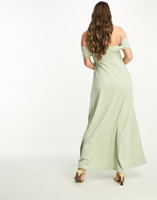 ASOS DESIGN Maternity off-shoulder twist bardot maxi dress in sage