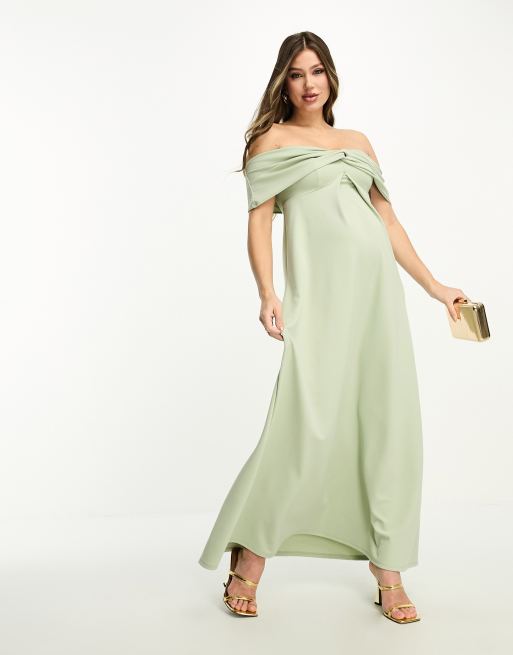 ASOS DESIGN Maternity off-shoulder twist bardot maxi dress in sage