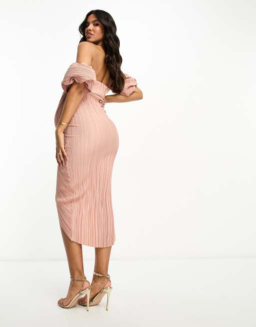 ASOS DESIGN Maternity off shoulder wrap plisse midi dress in soft