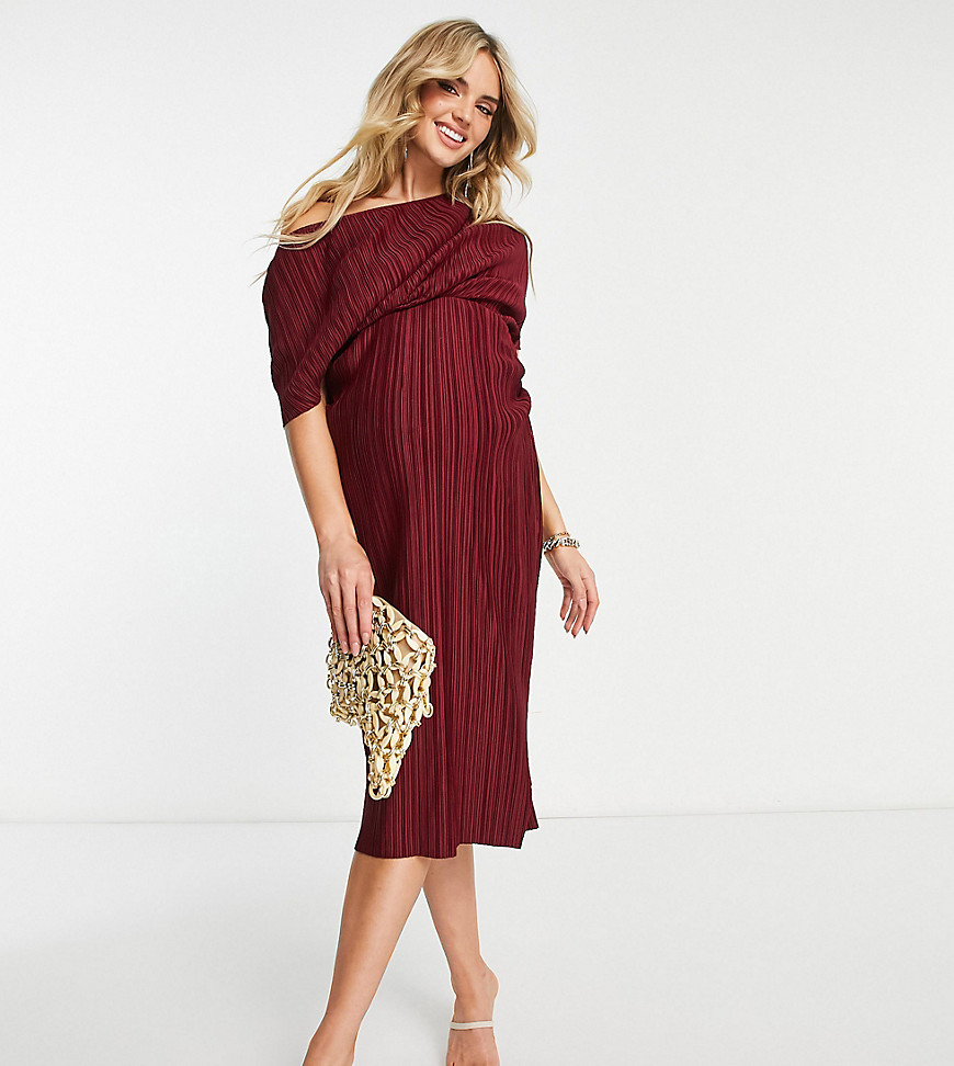 ASOS DESIGN Maternity off the shoulder plisse midi dress in wine-Red