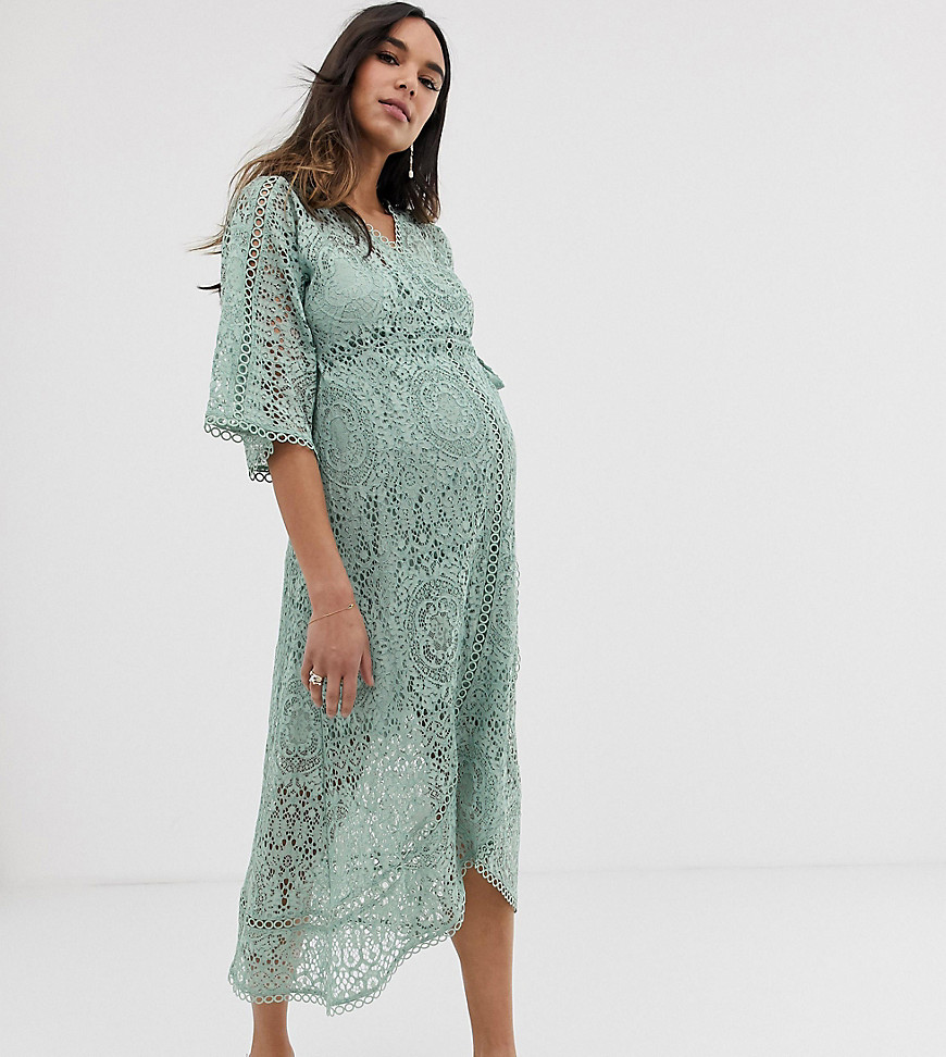 ASOS DESIGN – Maternity – Omlottklänning i midilängd med spets-Grön