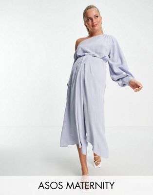ASOS DESIGN Maternity one shoulder blouson midi dress in linen | ASOS