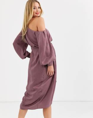 blouson one shoulder dress in satin