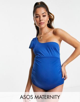 ASOS DESIGN Maternity one shoulder flutter swimsuit in blue - ASOS Price Checker