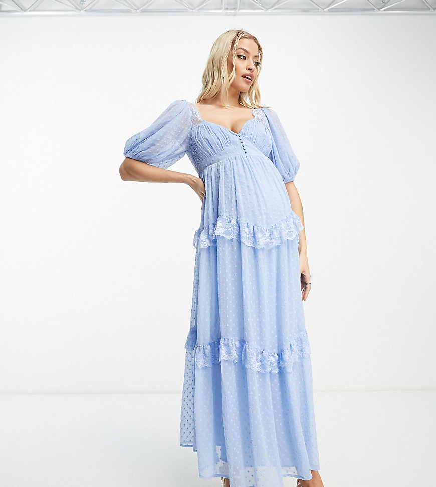 ASOS DESIGN Maternity open back lace insert dobby maxi tea dress in light blue