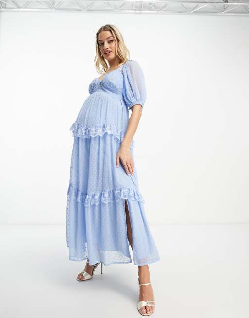 ASOS DESIGN Maternity open back lace insert textured maxi tea dress in  light blue | ASOS