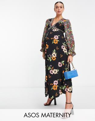 Asos Maternity Asos Design Maternity Open Back Midi Tea Dress In Mixed Floral Prints-multi