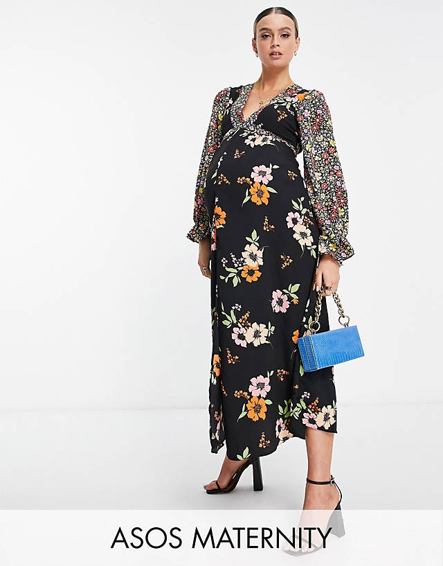 ASOS Maternity - ASOS DESIGN Maternity open back midi tea dress in mixed floral prints