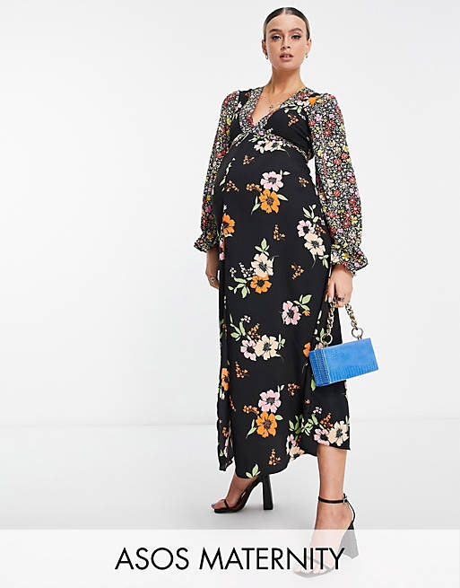 ASOS DESIGN Maternity open back midi tea dress in mixed floral prints