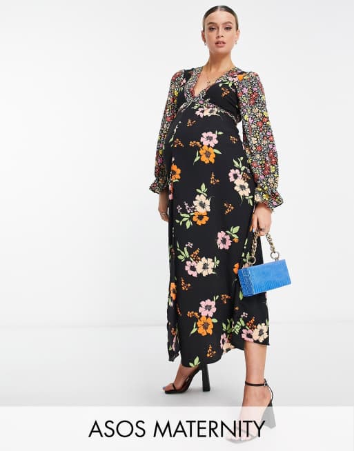 ASOS DESIGN Maternity open back midi tea dress in mixed floral prints