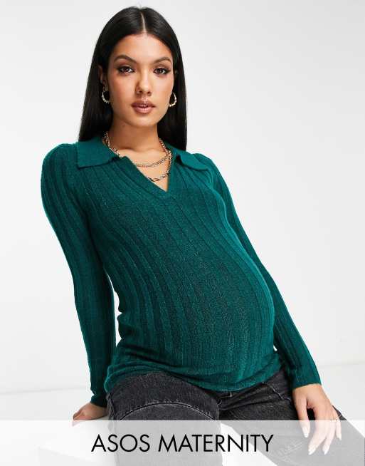 ASOS DESIGN Maternity open collar rib sweater in green
