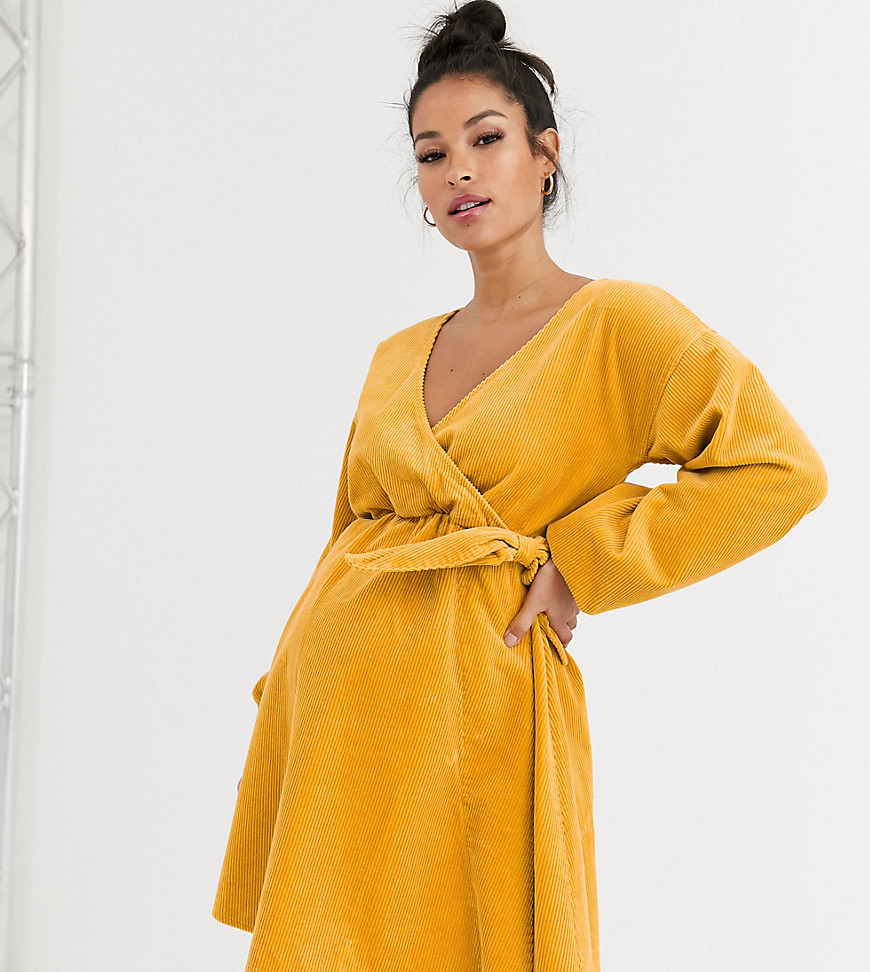 ASOS DESIGN Maternity – Orangegul kort smockklänning i manchester med omlottdesign