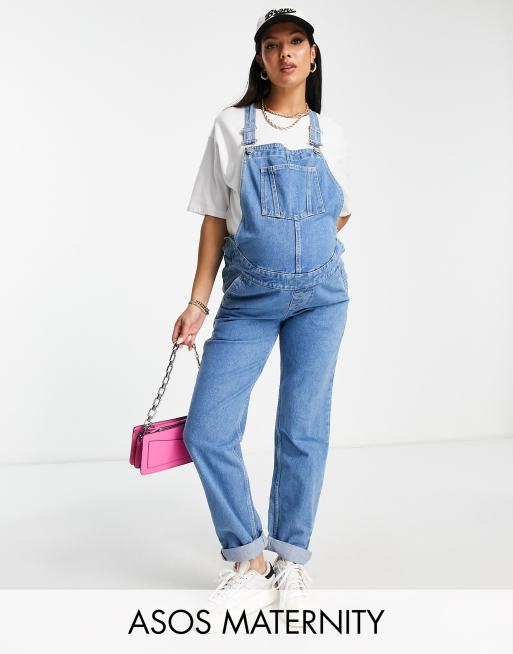 ASOS DESIGN Maternity denim boiler suit in mid wash