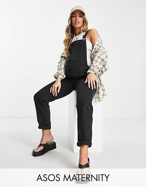 ASOS DESIGN Maternity - Original - Salopette di jeans nero slavato