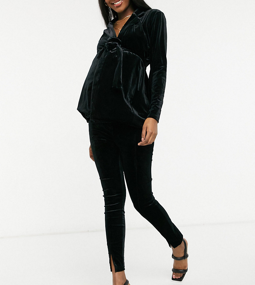 ASOS DESIGN Maternity - Over de buik pantalon van jersey met split aan de voorkant in zwart fluweel