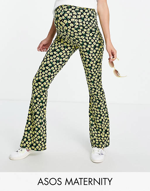 ASOS DESIGN Maternity over the bump flare trouser in yellow floral ditsy print