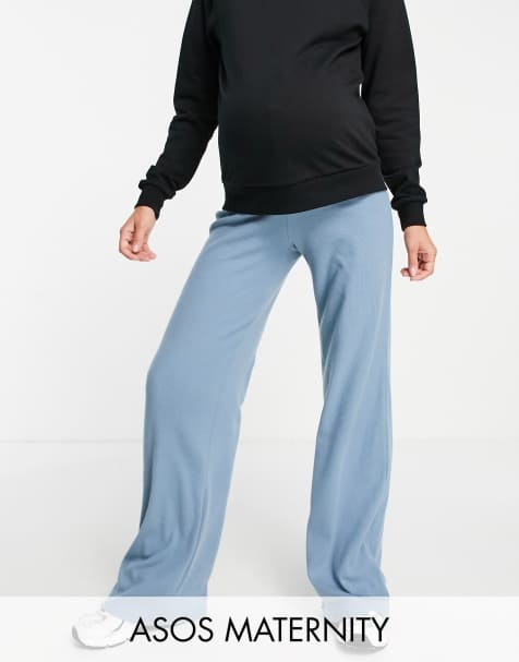 ASOS DESIGN Maternity over the bump straight leg mini rib trouser in blue - view 1