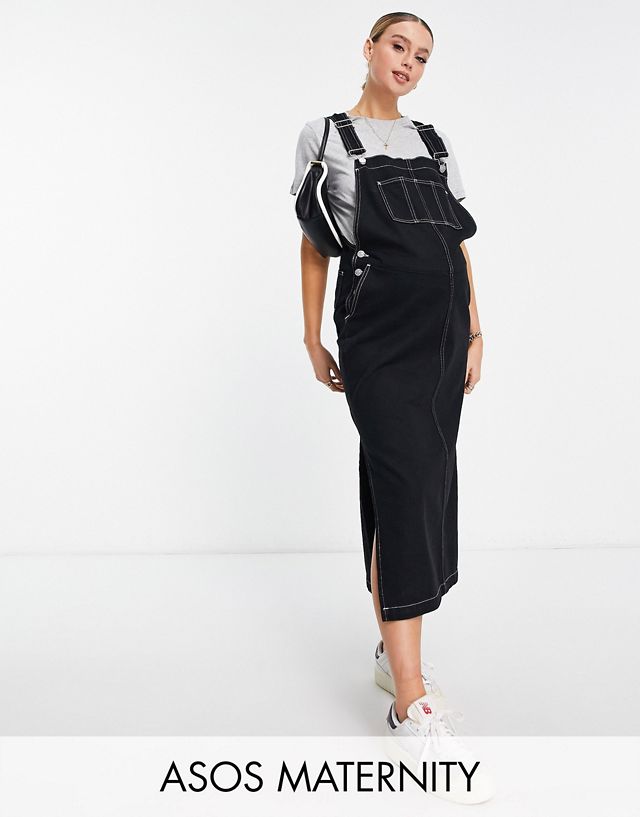 ASOS DESIGN Maternity overall dress in black with contrast stitch
