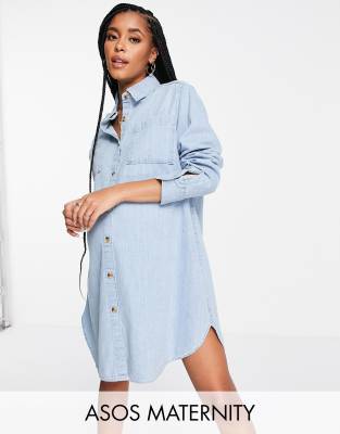 ASOS DESIGN Maternity Oversize Hemdkleid aus weichem Denim in mittlerer Waschung ASOS