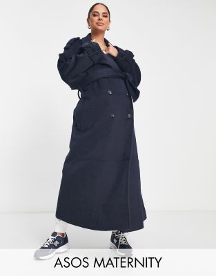 Asos Maternity Asos Design Maternity Oversized Brushed Formal Trench Wool Mix Coat In Navy