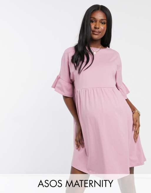 ASOS DESIGN Maternity oversized frill sleeve smock dress in dusty pink