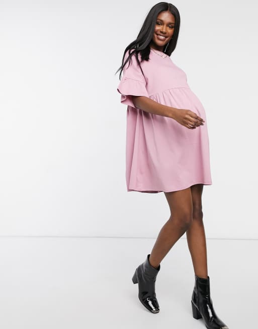 ASOS DESIGN Maternity oversized frill sleeve smock dress in dusty pink