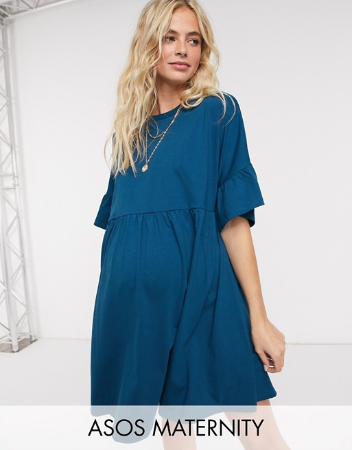 ASOS DESIGN Maternity oversized frill sleeve smock dress in navy blue