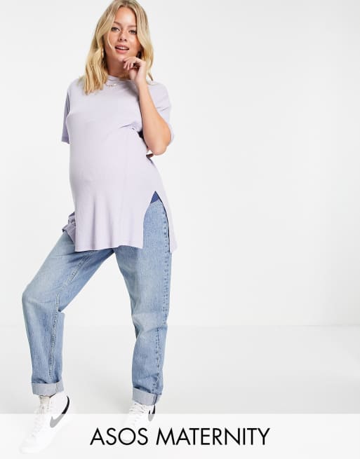ASOS DESIGN Maternity - Oversized geribbeld T-shirt met zijsplitten en stiksel in lila
