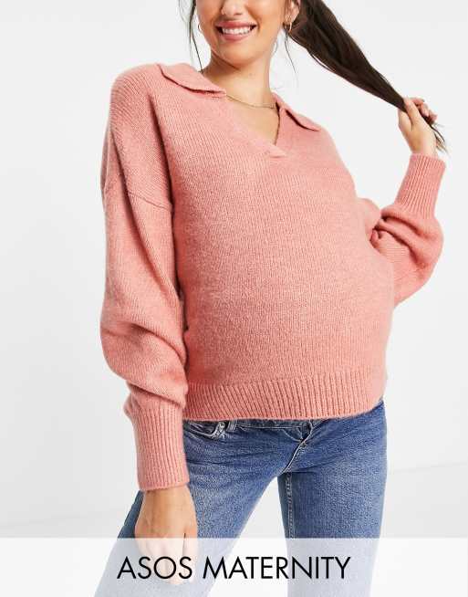 ASOS DESIGN Maternity oversized jumper with open collar in dusky pink