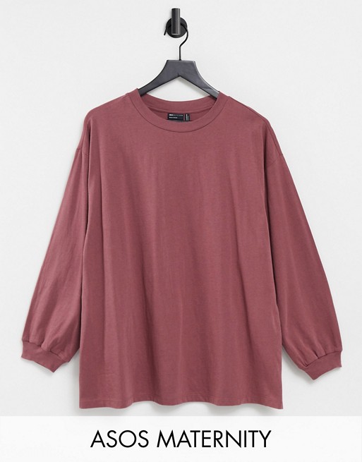 ASOS DESIGN Maternity oversized long sleeve t-shirt with cuff detail in burgundy