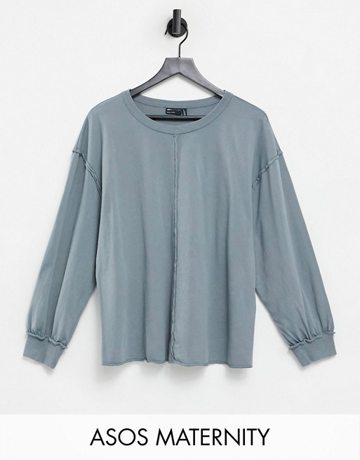 ASOS DESIGN Maternity oversized long sleeve t-shirt with seam detail in washed grey