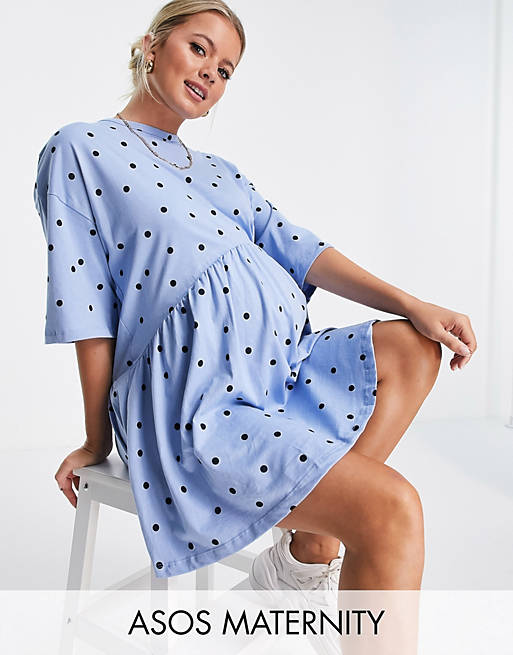 ASOS DESIGN Maternity oversized mini smock dress with dropped waist in blue with navy spot