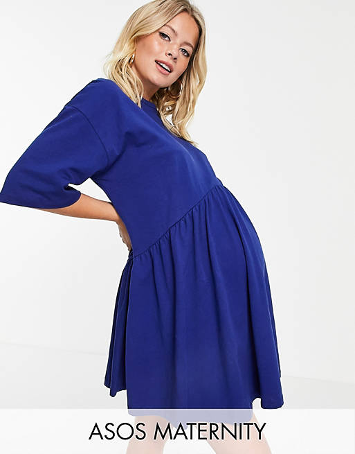  Maternity oversized mini smock dress with dropped waist in navy 