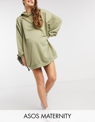 ASOS DESIGN Maternity oversized mini sweatshirt hoodie dress in dark sage-Green