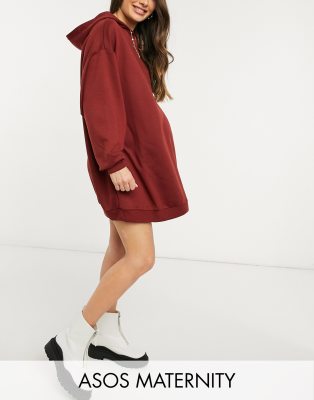 ASOS DESIGN Maternity oversized mini sweatshirt hoodie dress in oxblood-Red