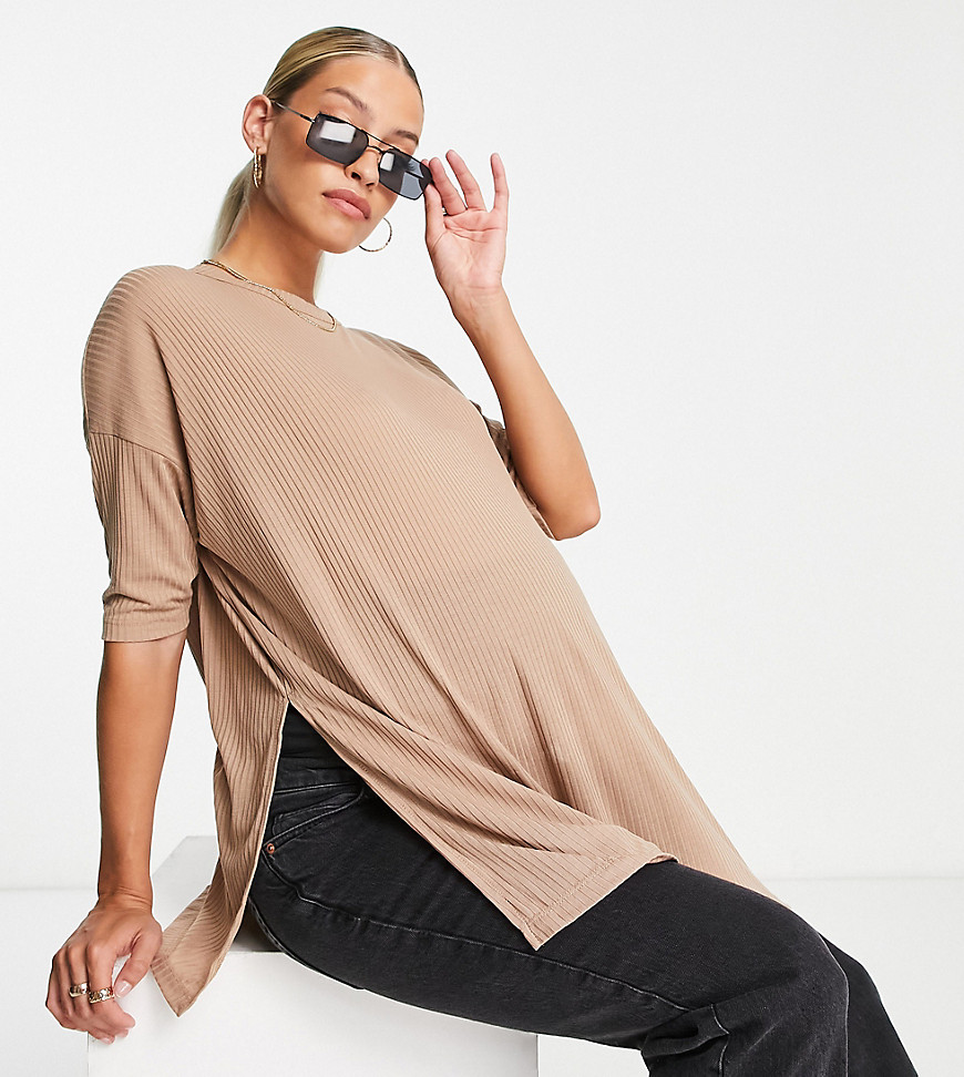 ASOS DESIGN Maternity oversized ribbed T-shirt with side slit in biscuit-Neutral
